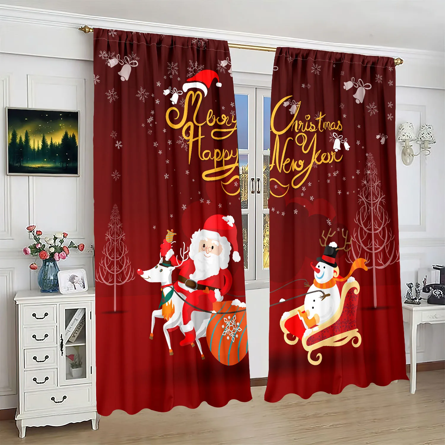 2 pieces of Santa Claus sleigh car printing curtain - polyester material - suitable for bedroom living room study room priva