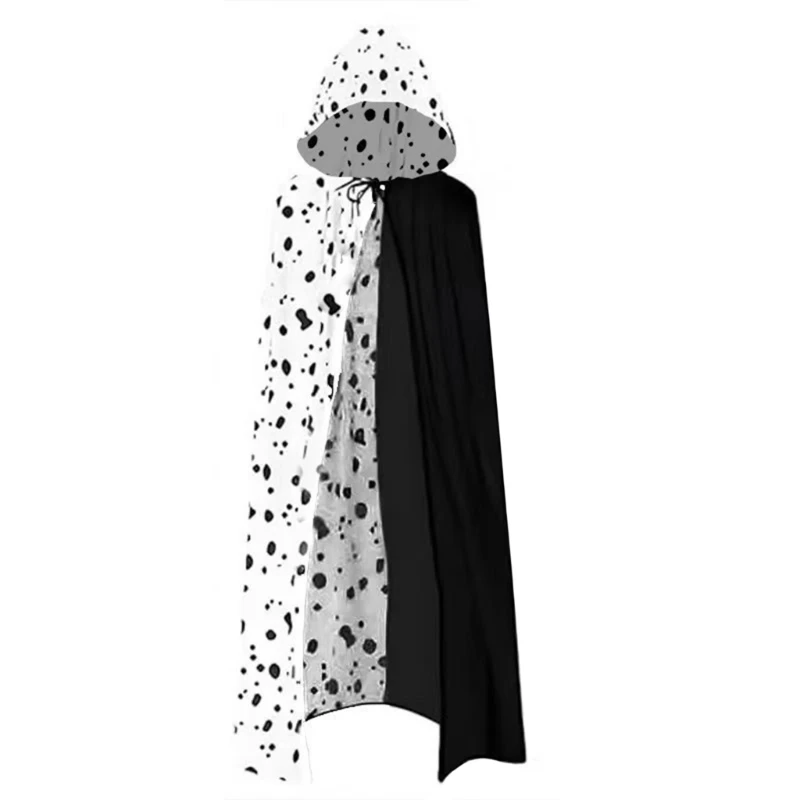 Cosplay Hooded Costume Cloak in Black White Cow Print, Polyester Party Wrap with Front Tie for Halloween Stage Wear D0UB
