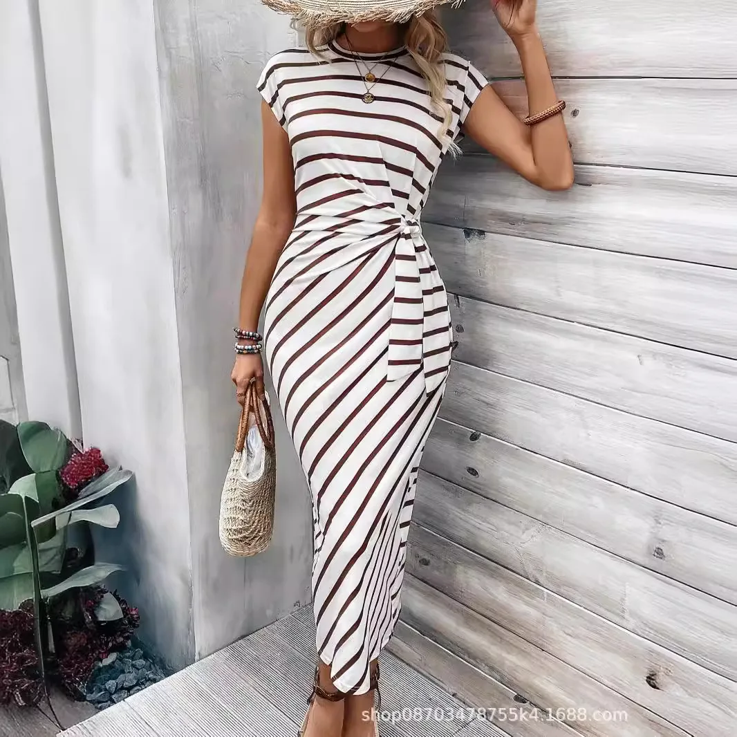 2025 Summer Women's Striped Dress 25-color Short Sleeves O-neck High Waist Fashion Lace-up Vacation Basic Casual Long Skirt