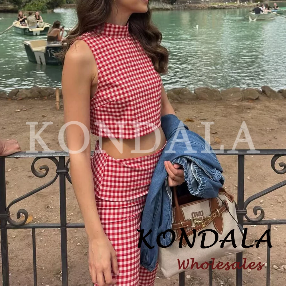 KONDALA Chic 2026 Women Red Plaid Y2K Vintage Suit Slim Short Vest+Zipper Long Slim Capri Pants Casual Spring Elegant Female Set view 2