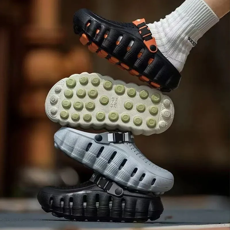 Summer Men's New Outdoor Non Slip Cool Slippers Thick Soled Clogs Cave Shoes One Step Trendy Thick Bottom Odor Proof Beach Shoes