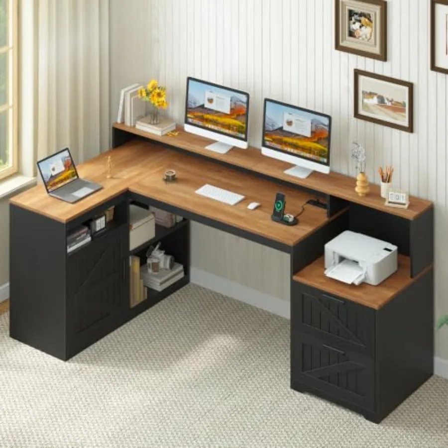 65 Farmhouse Computer Desk with Drawers and Printer Stand for Home Office: Solid Wood, White, Ample Storage Cable Management
