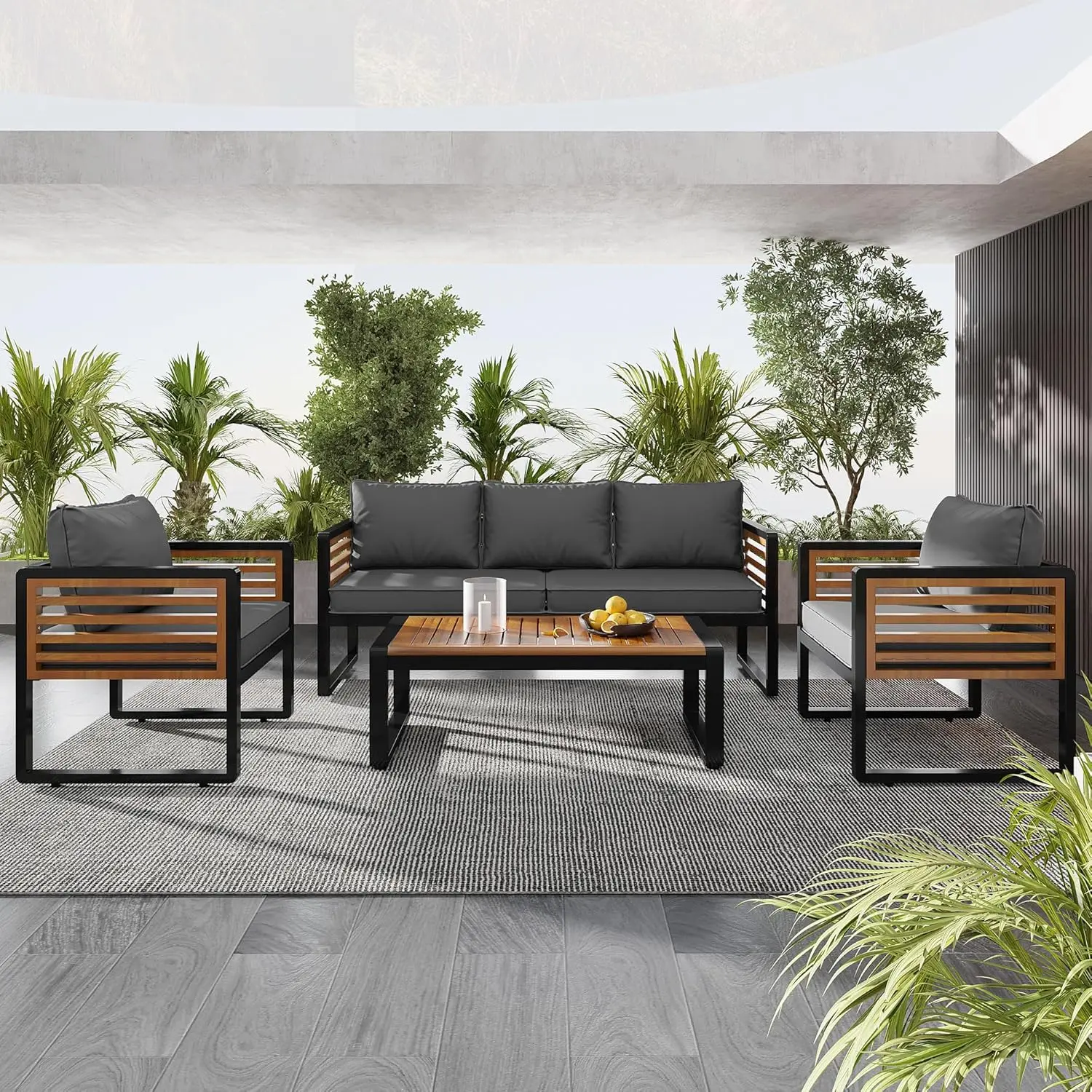 Large 4-Piece Outdoor Furniture Sofa Conversation Set for 5 Person, Garden Sofa with Removable Cushions, Metal and Wood,Custom