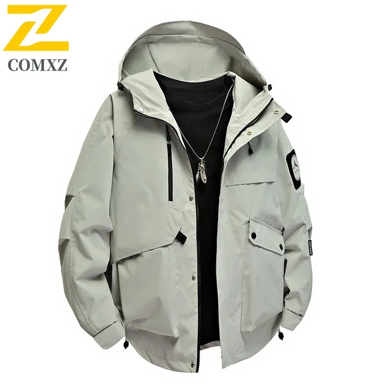 COMXZ الرجال سترة خارجية 2025 عادية مقنعين التخييم ارتداء سترات مقاومة بلون التخييم يندبروف الخريف سترة واقية #4