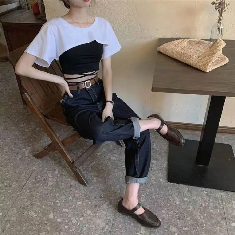 Trendy Ladies Solid Color Crop Top Short Sleeve T Shirt Casual Loose Sexy Streetwear Jazz Dance Fitness Sport Blouse