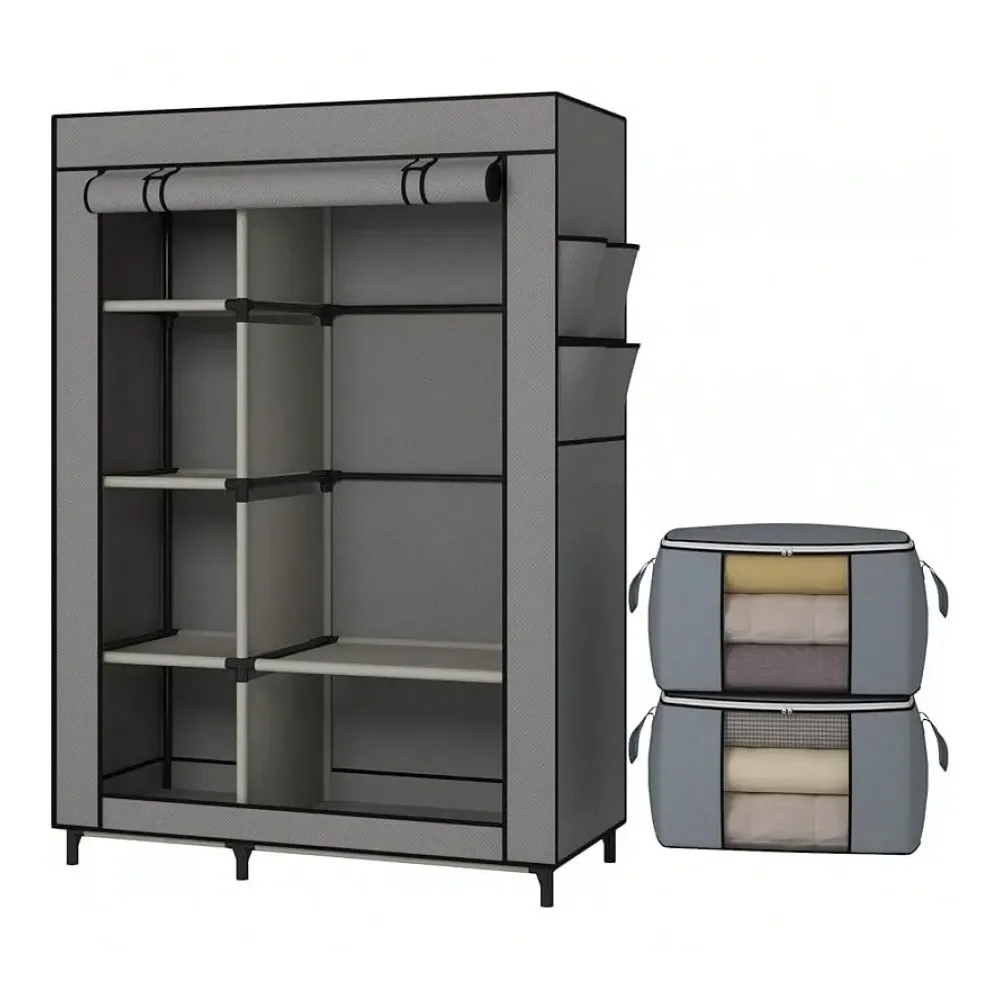 

Portable Closet, Wardrobe With 6 Shelves And Hanging Rod, Storage Organizer Bedroom, NonWoven Fabric Cover With 4 Side Pockets,