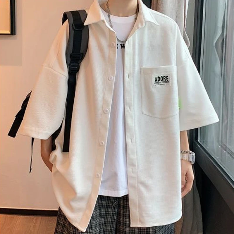 ZUOQ Short Sleeve Shirts Men New Chic Walf Checks Fabric Casual Basics Loose Daily Turn-down Collar Shirt Jacket Half Sleeve