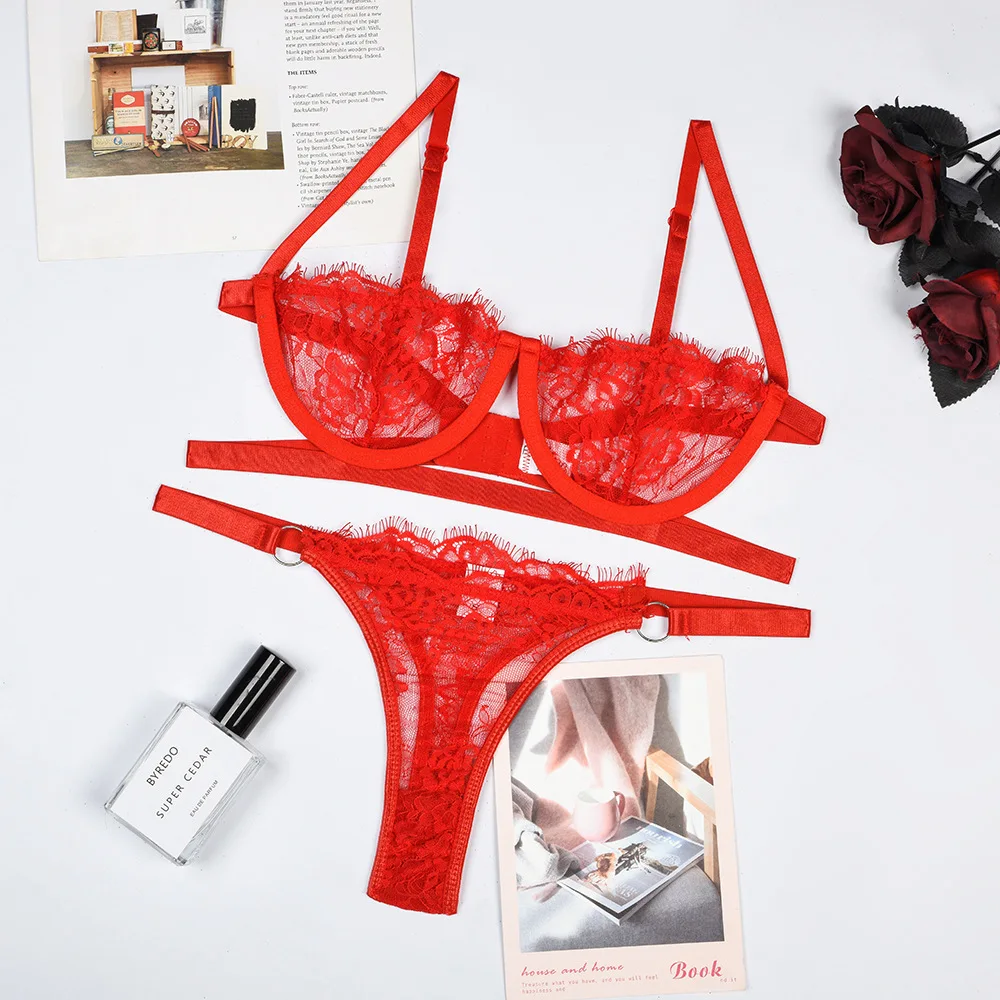 CHUANGERM Sexy Lingerie Woman Lace Transparent Underwear Fairy Brief Sets Delicate Bra Kit Push Up Breves Sets Thin Erotic Bras