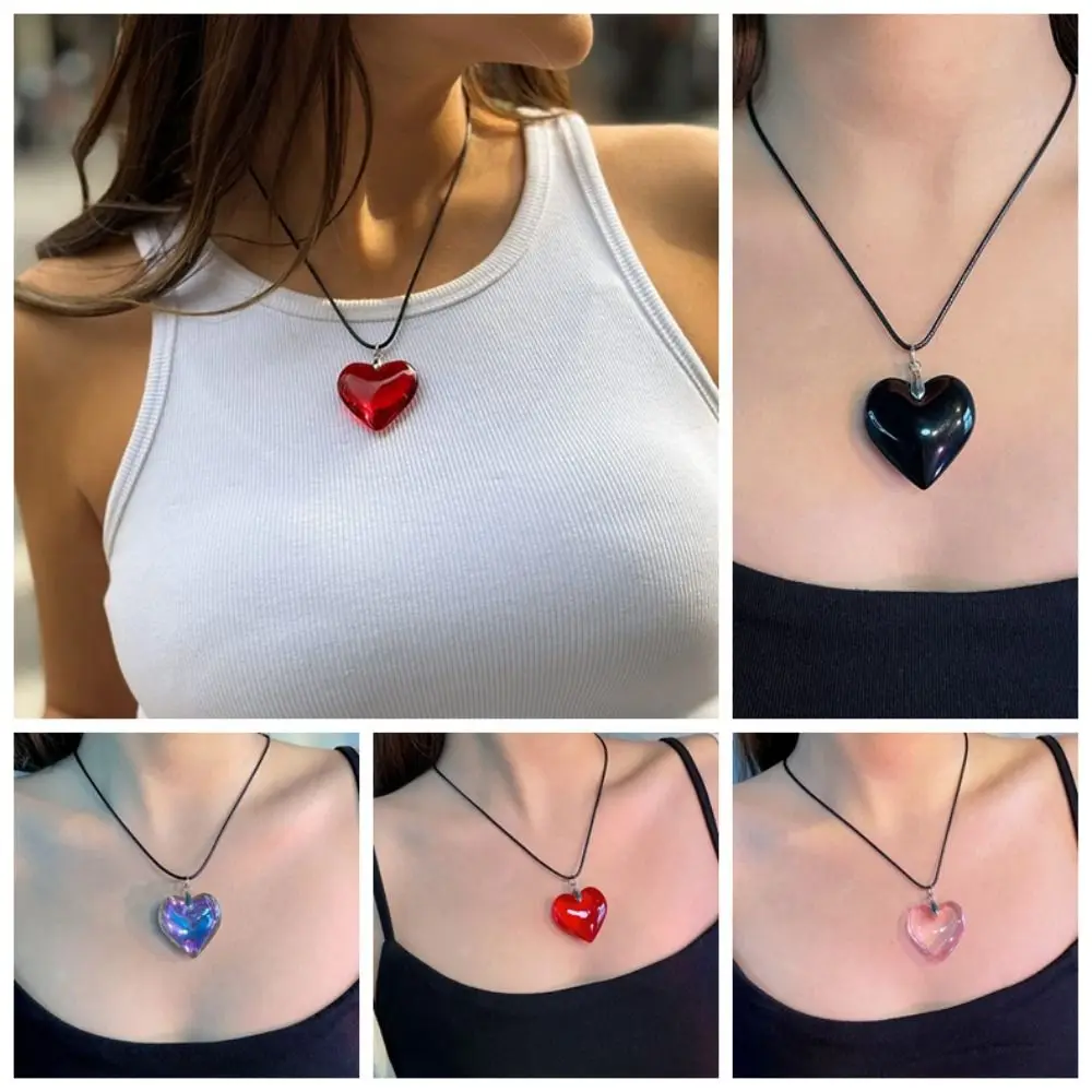 Punk Heart Crystal Necklace Gothic Rope Chain Red Heart Pendant Vintage Y2K Jewelry Heart Necklaces Choker Jewelry Accessories