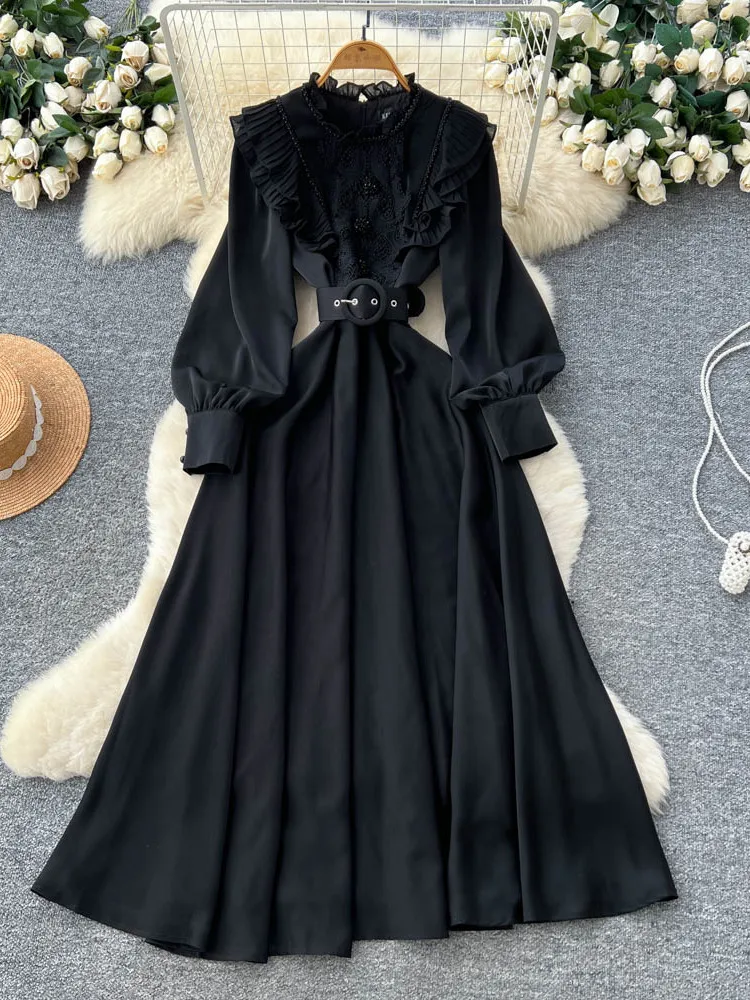 Ele Falda larga de lujo con cinturón de retazos de madera con adornos pesados para mujer, falda francesa Sle de cintura alta de fibra de poliéster