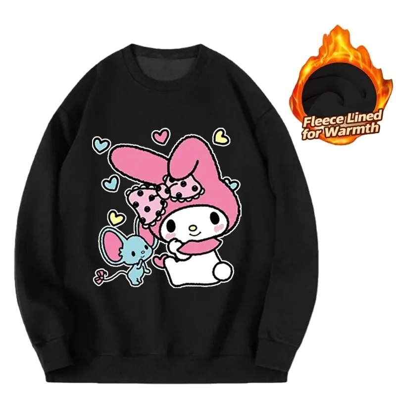 تي شيرت بأكمام طويلة ورقبة دائرية مطبوعة من سلسلة سانريو، تي شيرت لطيف ودافئ مبطن بالصوف برقبة دائرية وأكمام طويلة، قطن 100%