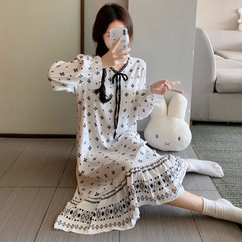 

2026 Spring Long Sleeve Sexy Lingerie V-neck Cotton Print Nightgowns for Women Cute Sleepwear Night Dress Nightdress Home Nighty