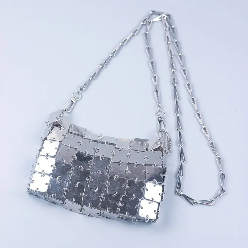 Silver Gold Metal Sequins Chain Crossbody Bag for Women 2024 Luxury Designer Ladies Square Evening Bag Female Lipstick Pouch