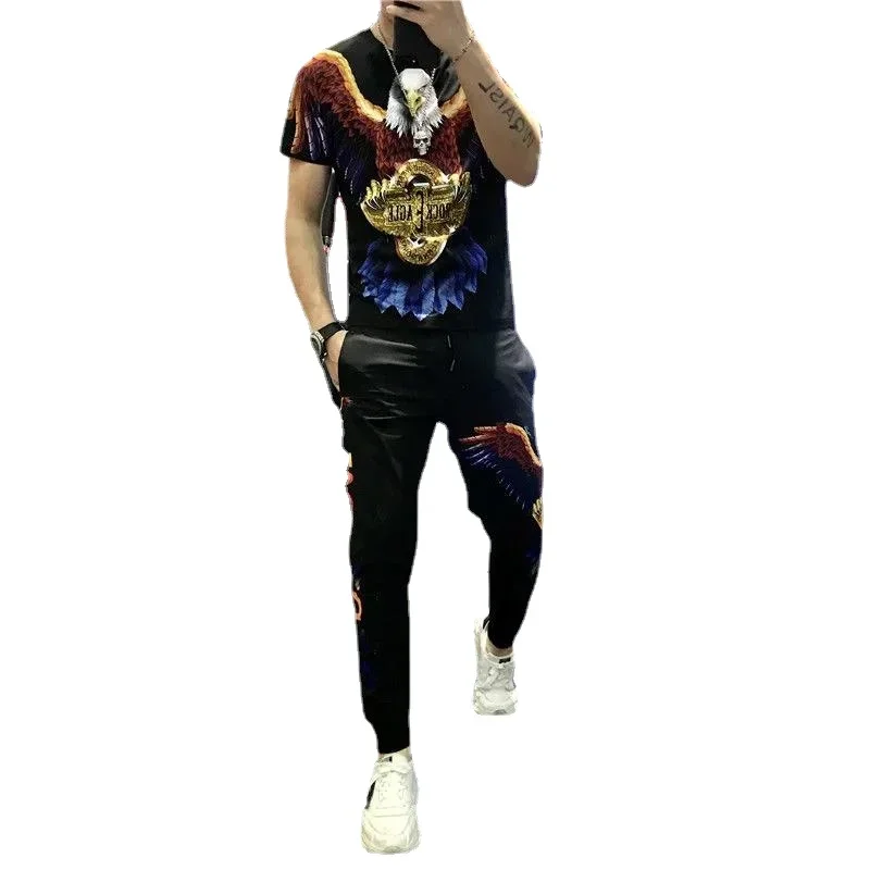 

Men's Summer Suit Korean Fashion Sports and Leisure Printed Eagle Pattern Short-sleeved Tshirt Trousers Two Piece Set Large Size