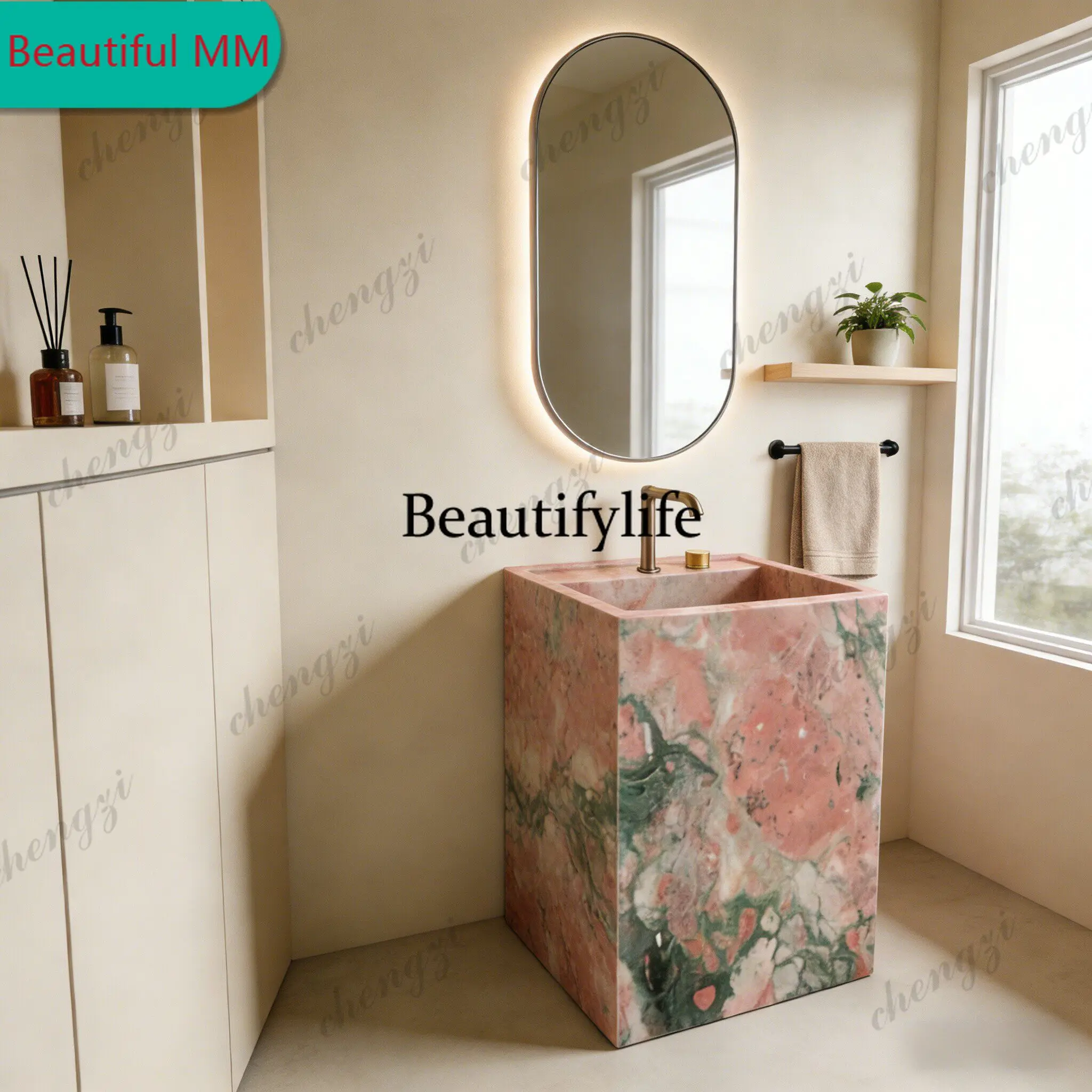 P182 P182 Four Seasons Pink Green Slate Pillar Basin Hotel Villa Floor-to-ceiling Outdoor Courtyard Washbasin