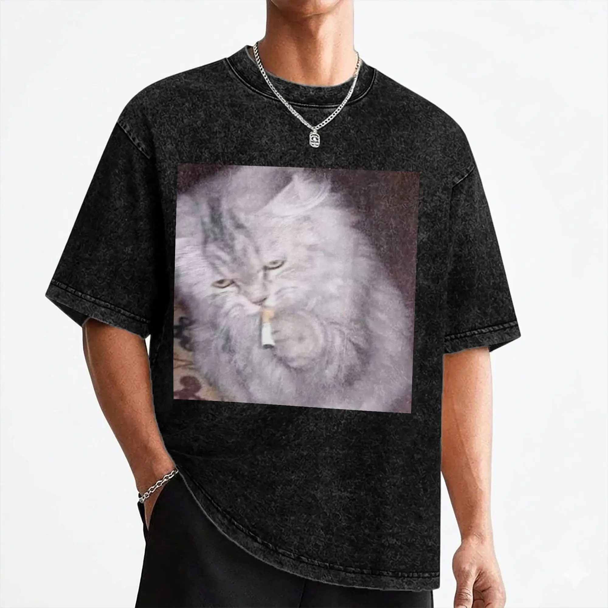 Cat Smoking Cigarette Cute Kitten Meme T Shirt Washed 100% Cotton T-Shirts  Vintage for Men Women Streetwear Summer Tees