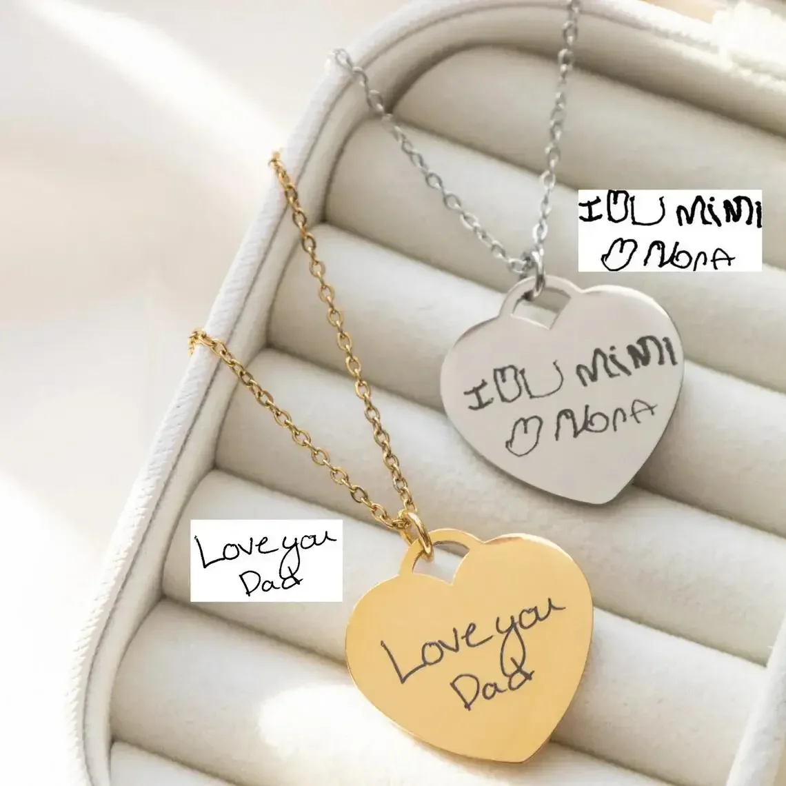 Collana con ciondolo a forma di cuore con scrittura effettiva personalizzata, personalizzazione inclusa, testo inciso, gioielli, regalo per la festa della mamma per lei