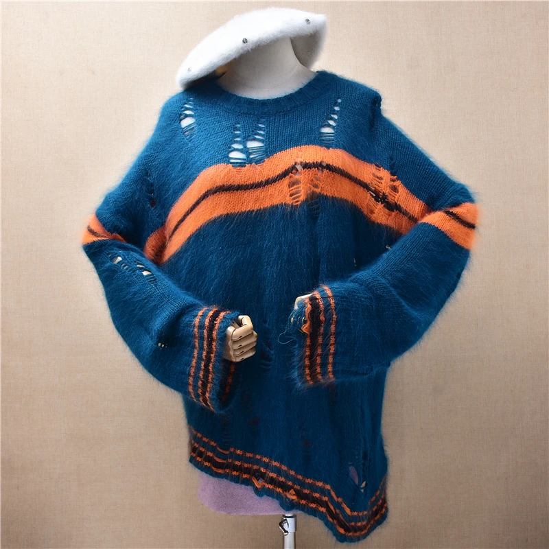 Ladies Women Autumn Winter Colored Hairy Angora Rabbit Hair Knitted Irregular Fashion Hollows Long Sleeves Loose Sweater Jumper