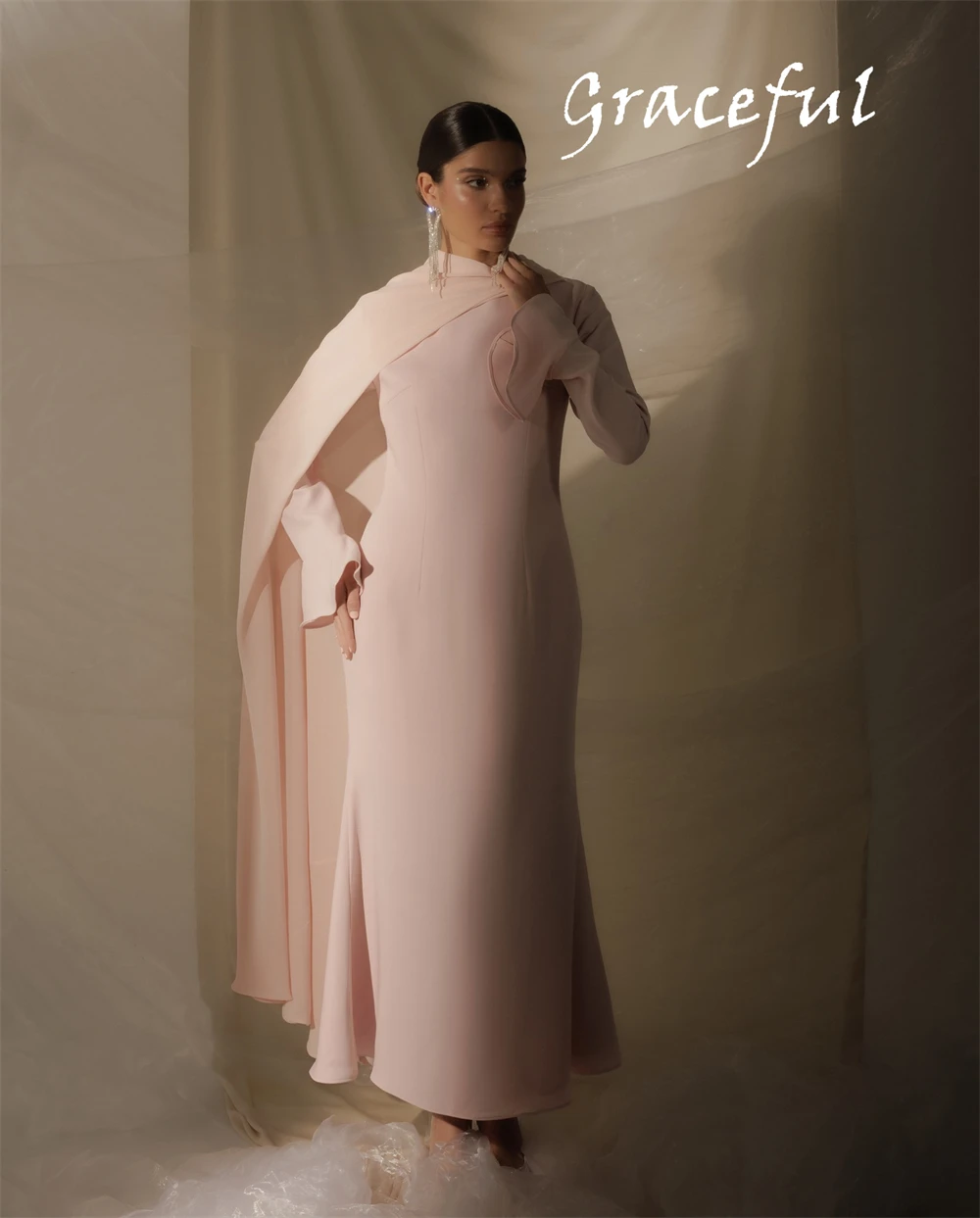 Customized  Simple Pink Jersey Evening Dress Temperament Crew Neck Long Sleeves Party Dress Modern Ankle Length Celebri image 4