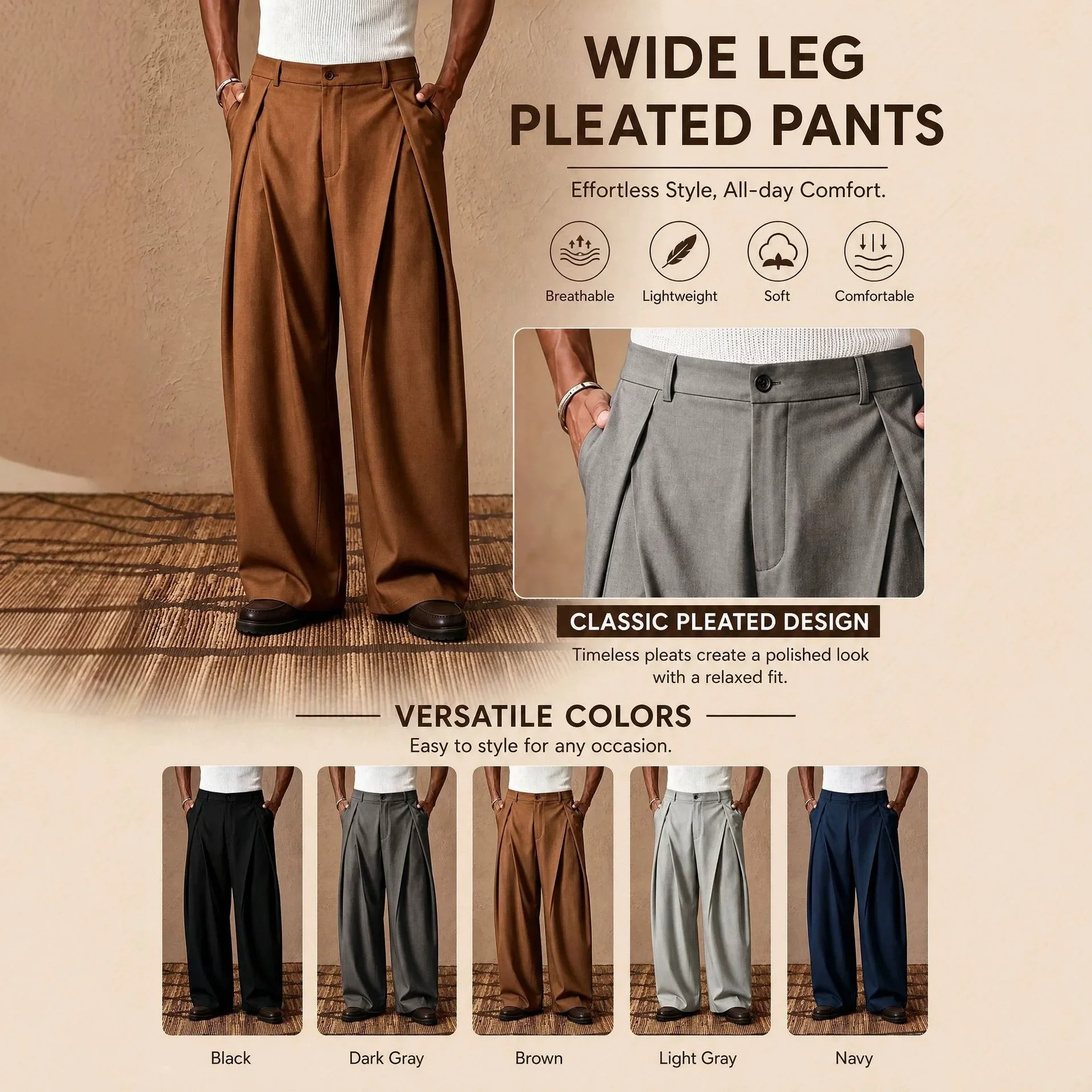 Fall/Winter 2025 Men's Elegant Italian Neapolitan High Waist Wide Leg Pants with Tucks and Buttons Business Casual Style