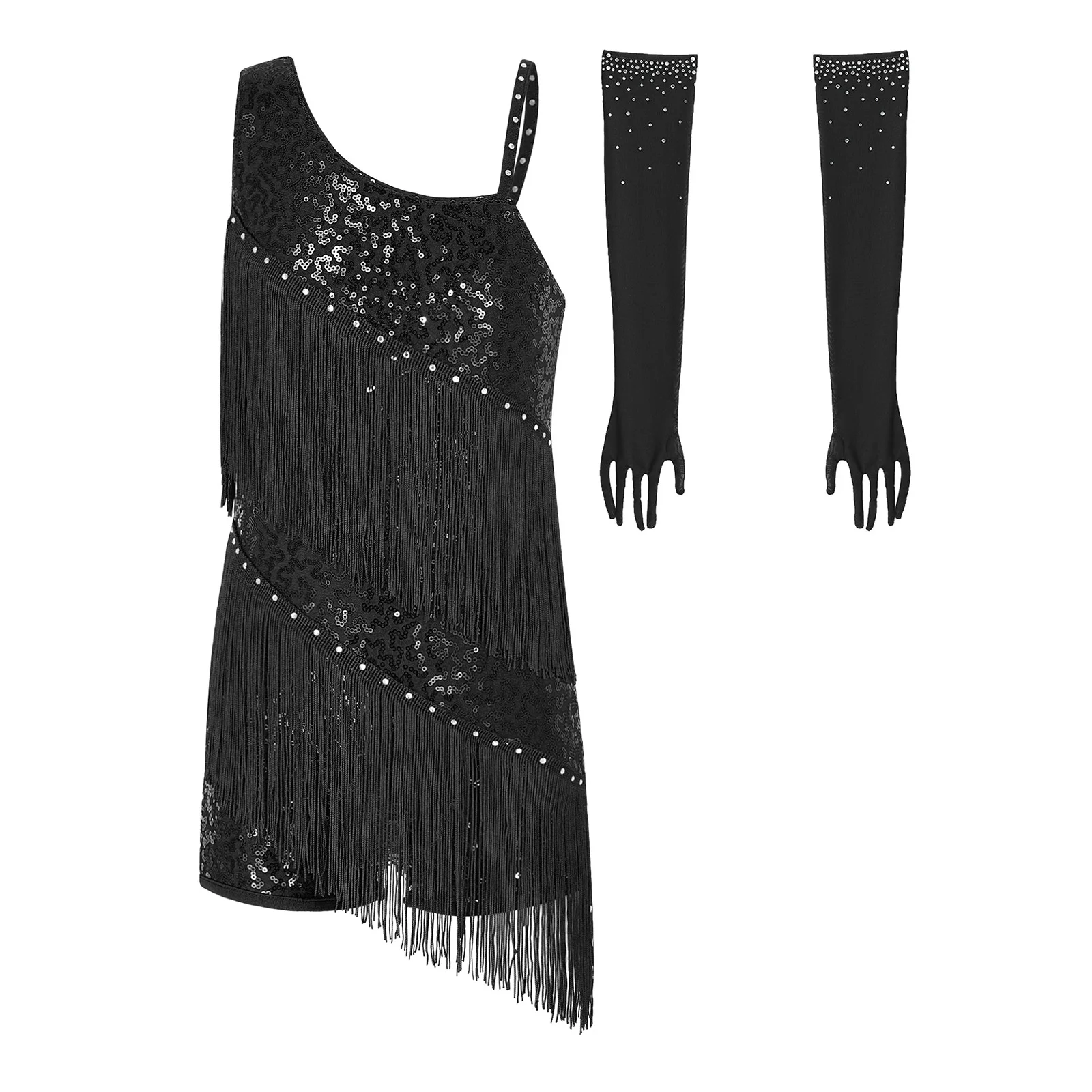 Kids Girls Tassel Latin Dance Leotard Dress with Mesh Gloves Cha-cha Tango Rumba Samba Ballroom Salsa Jazz Performance Costume
