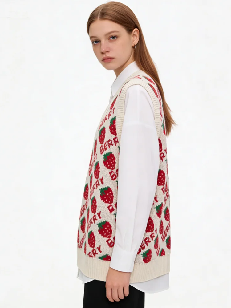 2026 Autumn Korean Style Full Strawberry Knitted Vest For Women Fashion Young Girls Tank Sweater Vest V Neck Pullover Knitwear
