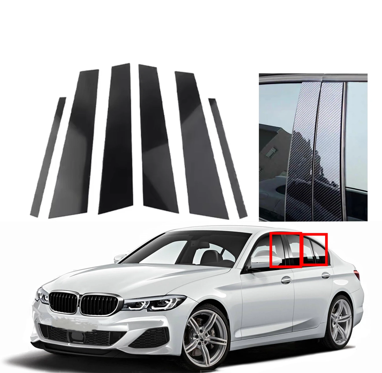 Fit For BMW 3 Series G20 G21 2019 2020 2021-2023 Silvery Carbon Glossy Black Column B C Pillars Post Window Cover Trim Sticker