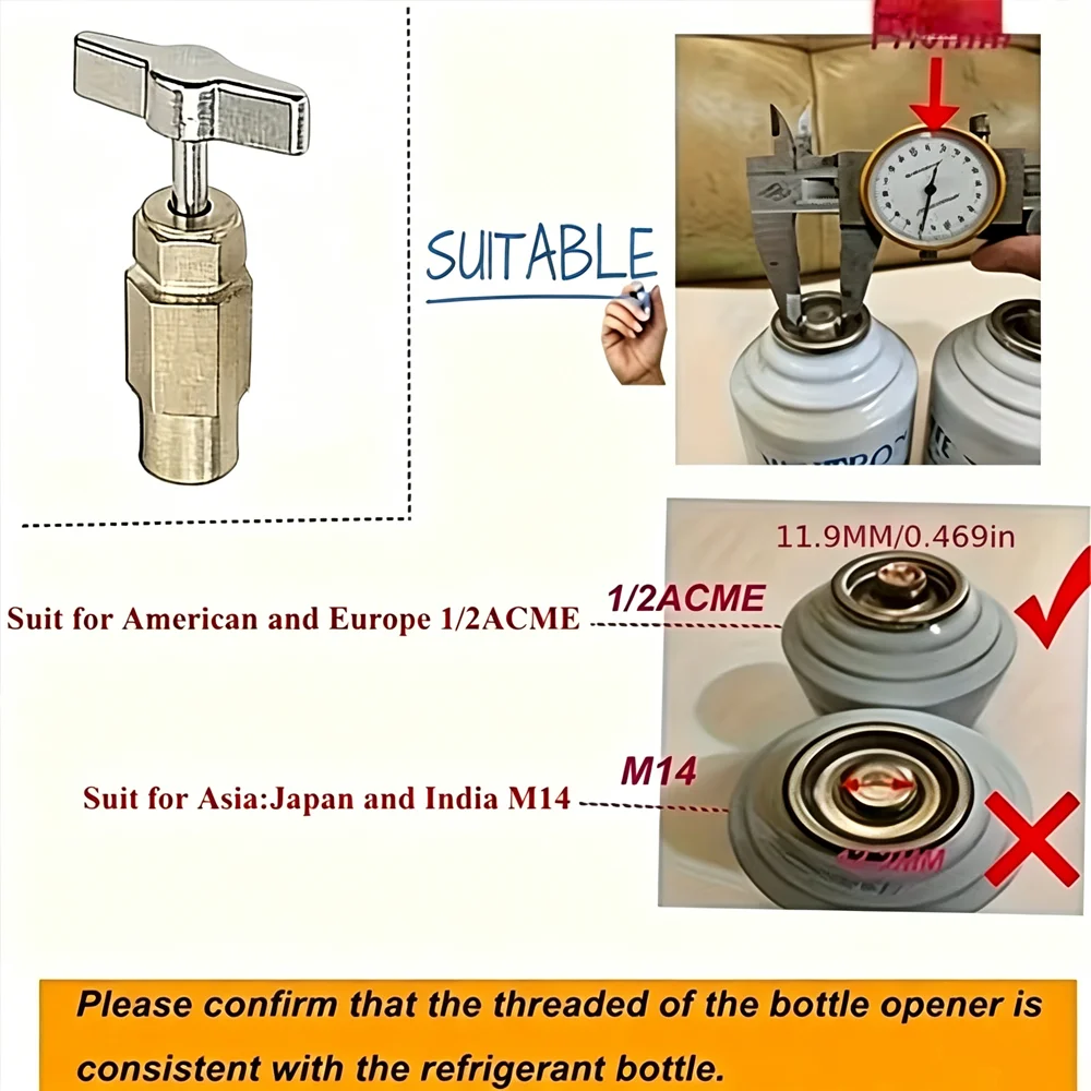 R134A Gas Tap Valve, Air Conditioner Self Sealing Dispenser and Puncture Style Refrigerant Opener with 1/4 Female 1/2 Male SAE