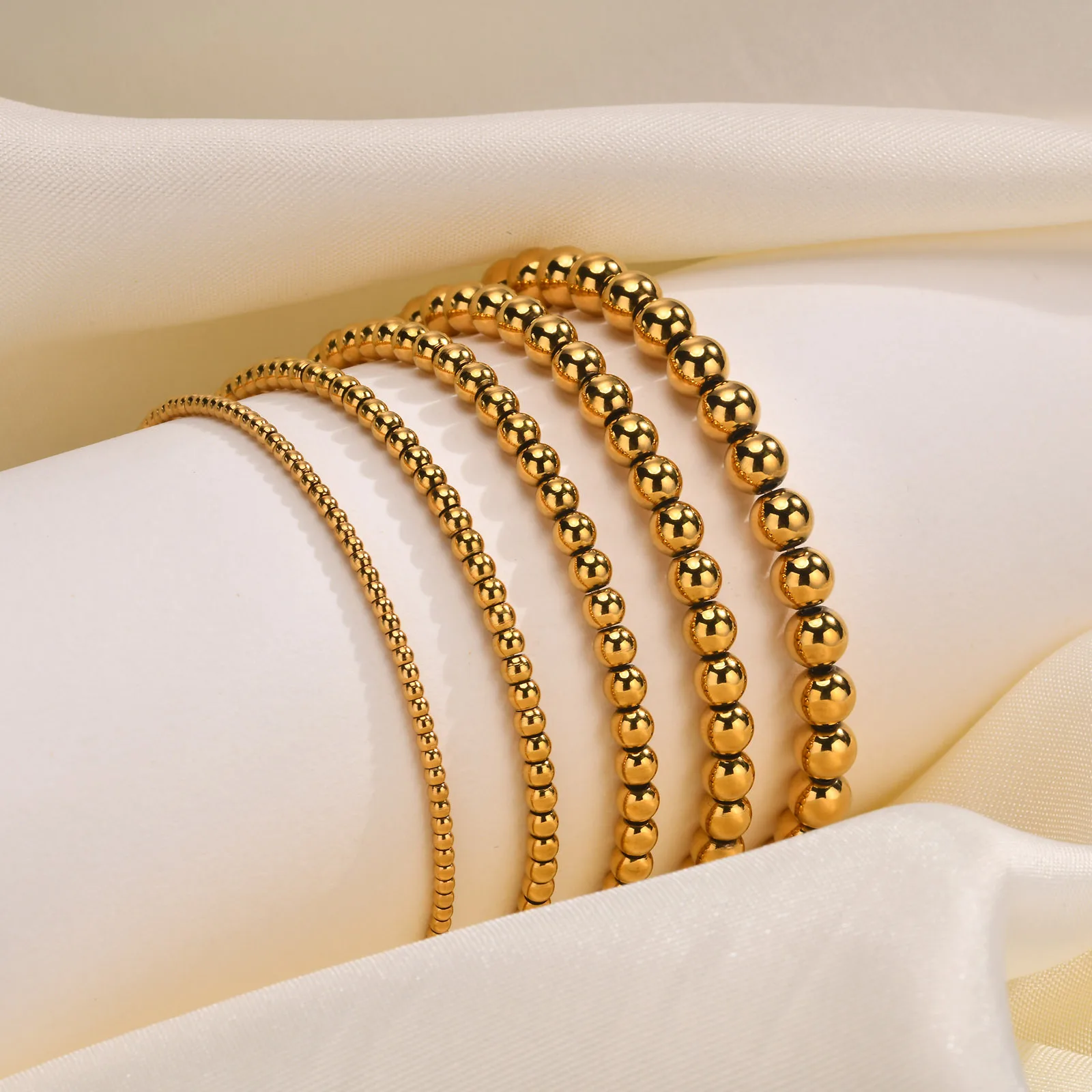 Waterproof 18K Gold Plated Stainless Steel Beaded Bracelet Stackable Ball Bangle for Women  Jewelry