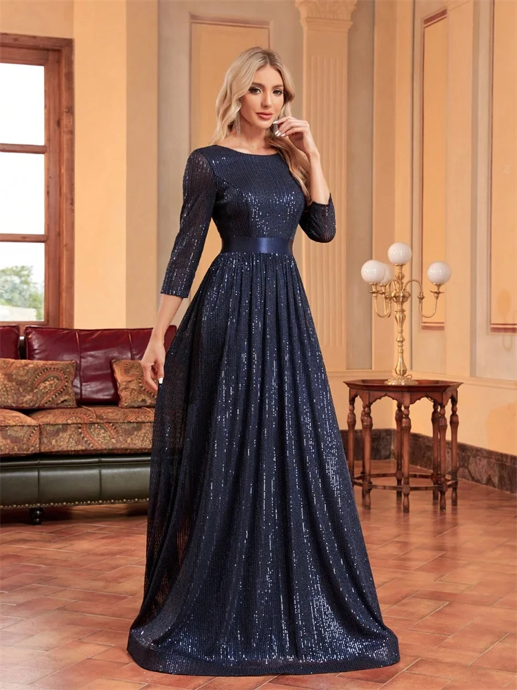 Luxury O-Neck Long Sleeves Sequins Formal Evening Dress Women 2025 Wedding Party Prom Maxi Cocktail Dresses Graduation Vestidos