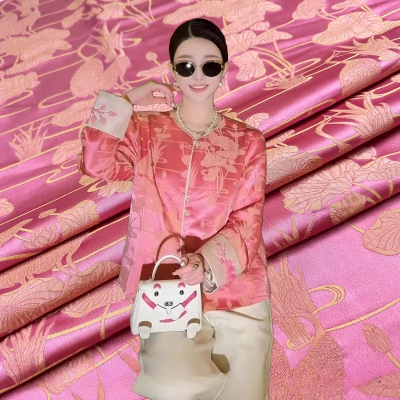 

Lotus Crane Pink New Chinese Style Song Brocade Jacquard Elegant Fabric Blouse Qipao Vest Hanfu Traditional Apparel Material