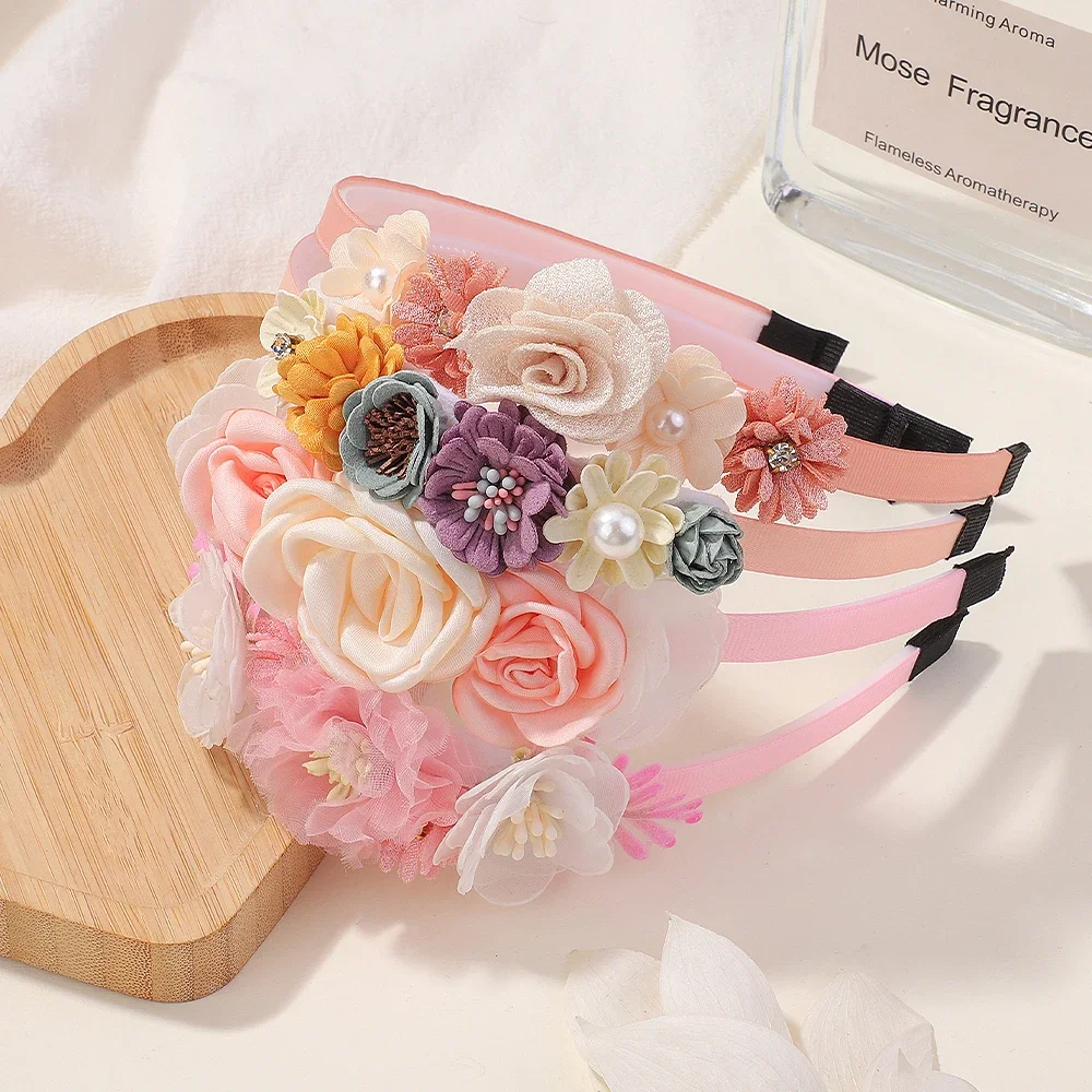 Elegant Handmade Flower Hair Hoop for Baby Girl Boutique Triple Satin Flowers with Rhinestone Pearl Wedding Princess Headbands
