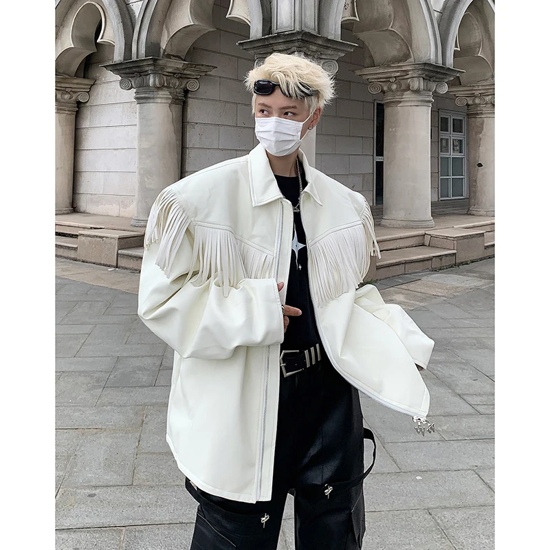 

Мужская осенняя куртка из искусственной кожи в американском байкерском стиле с бахромой, модная молодежная модель с подплечниками, длинными рукавами и молнией