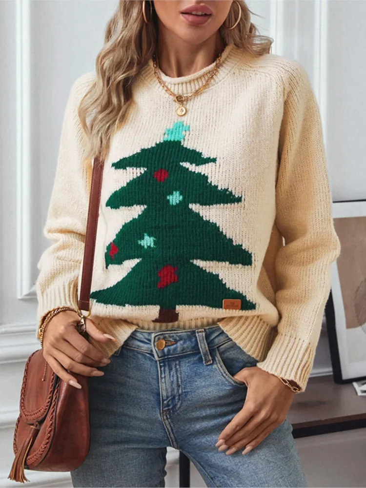 

Christmas Round-neck Pullover Knitwear Women's Loose Holiday Casual Sweater Autumn And Winter Christmas Tree Long-sleeved Tops