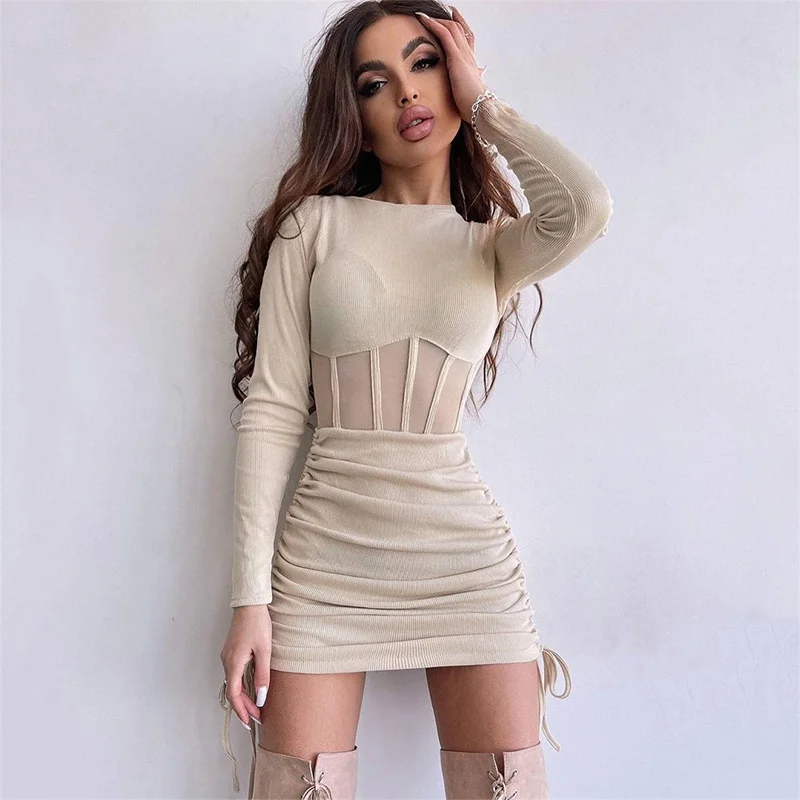 Raffen Mesh Aushöhlen Bodycon Kleid Frauen O Hals Langarm Mini Vestidos Rippen Hot Sexy Kleider Mode High Street Tragen