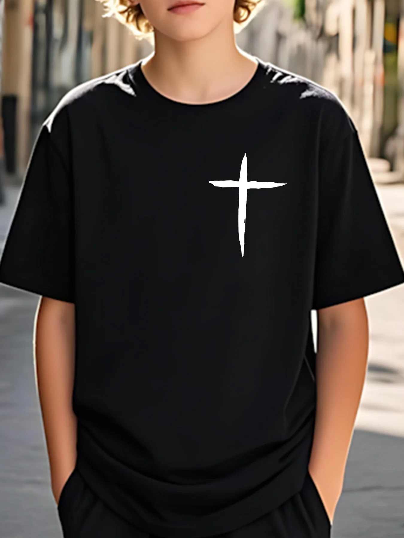 Children's Cross Print Pattern T-shirt  Round Neck Casual Comfortable Breathable Machine Washable Summer Daily Wear Perfect Gift