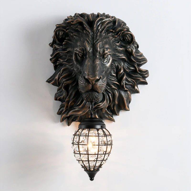 

European Lion Head Wall Lamp Vintage Resin Animal Wall Sconce Light Fixtures Living Room Decor Bedroom Bathroom Mirror Lights