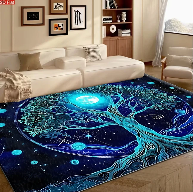 Mystical Tree of Life and Moon Pattern Carpet Flooring for Living Room Bedroom Spiritual Decor Non Slip Soft Floor Mat