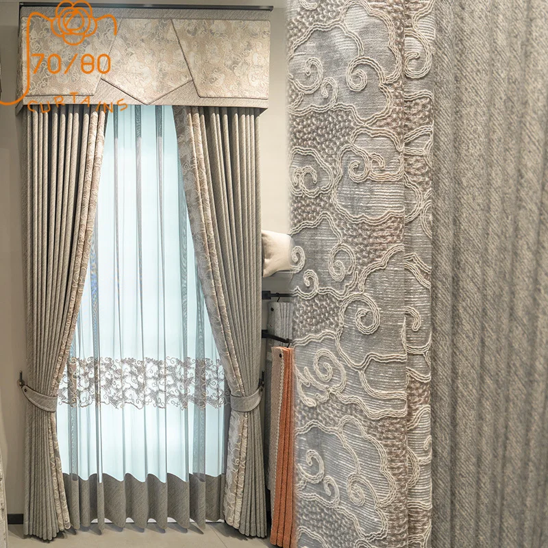 

New Chinese Style Milk Tea Jacquard Wind Proof Thickened Chenille Patched Curtains for Living Room Bedroom Balcony Floor Curtain