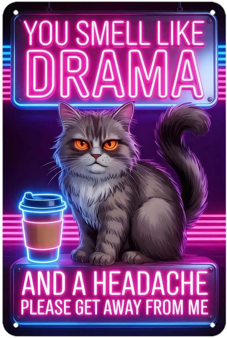 Funny Cat Coffee Quote Tin Sign You Smell Like Drama And A Headache Please Get Away From Me Vintage Metal Wall Art Decor Home Be