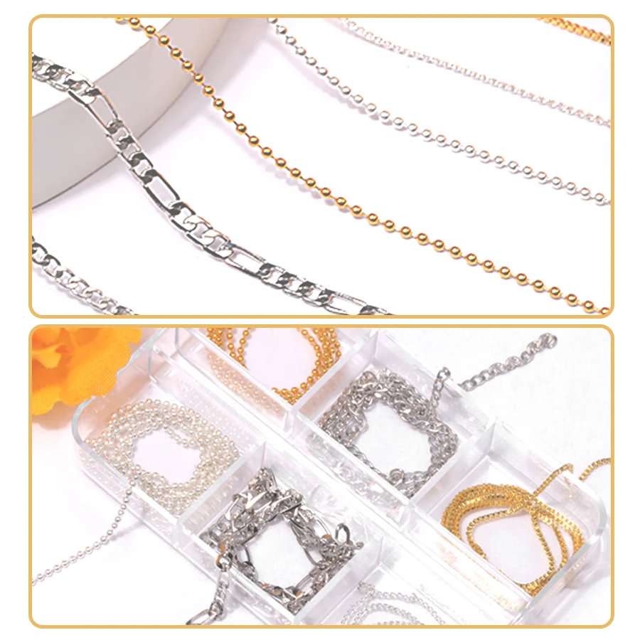 SANANIE 6 Grids Gold Silver Metal Nail Chain Charms Mix Thin Bead Link Chains Nail Art Decorations Punk DIY Manicure Accessories