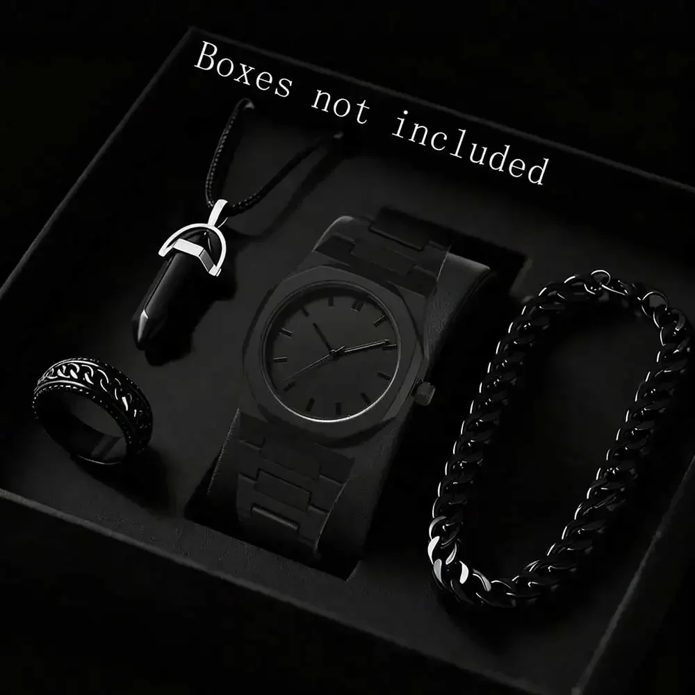 Matte octagonal minimalist scale men's watch Cuban bracelet bullet pendant necklace ring four piece set, not including gift box