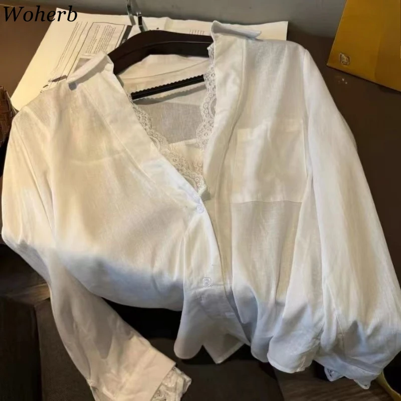 

Lace Patchwork Women Pocket Blouses Korean Long Sleeve White All Match Shirts New Sun Protecyion Single Breasted Fashion Blouse