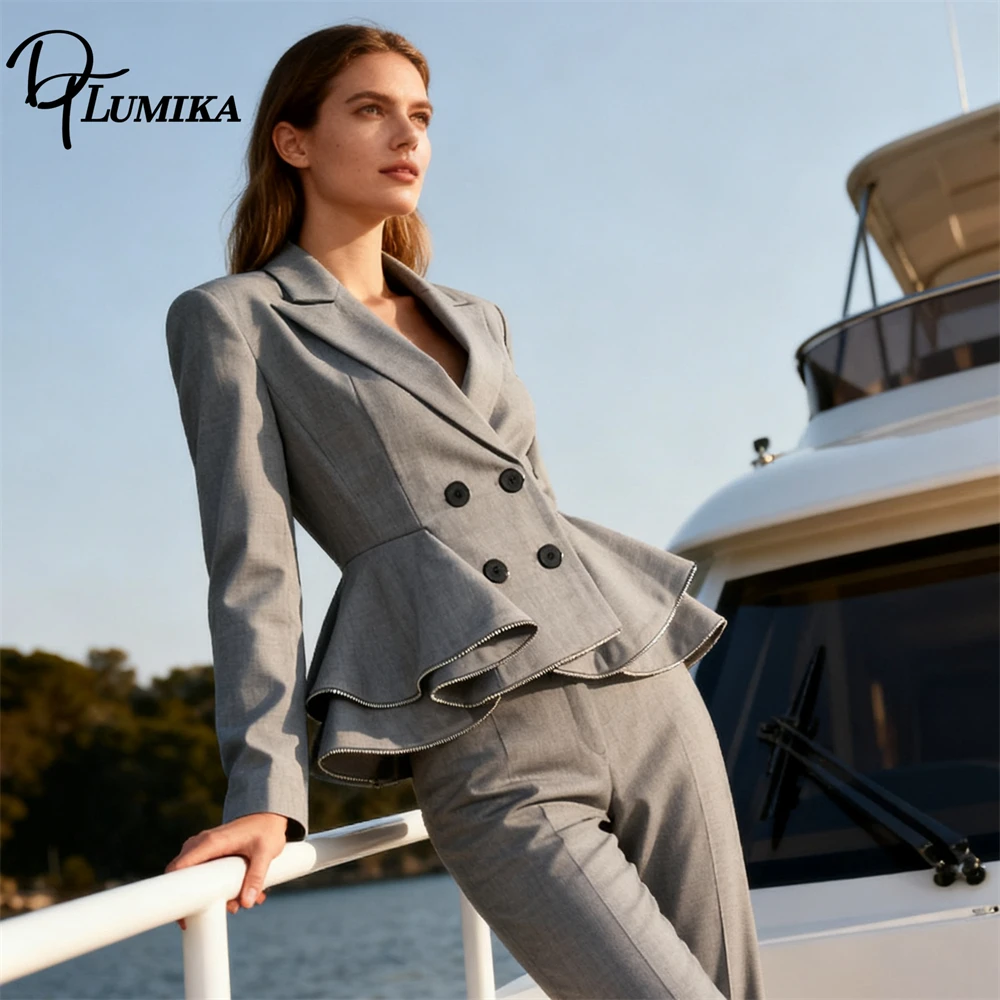 DTLumika Trendy Commuting Slim Suit for Women, 2026 Autumn New Ruffle Edge Suit Jacket Waist Cinching Long Sleeved Jacket