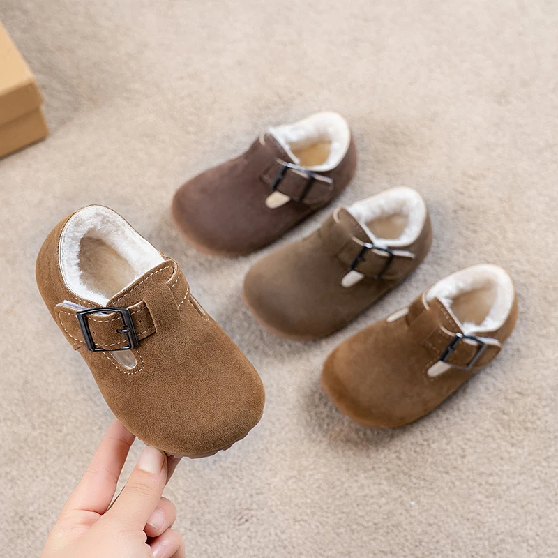 

Новая детская плюшевая обувь, зимняя классическая модная повседневная обувь для девочек, уличная теплая нескользящая детская простая хлопковая обувь с петлей на крючках