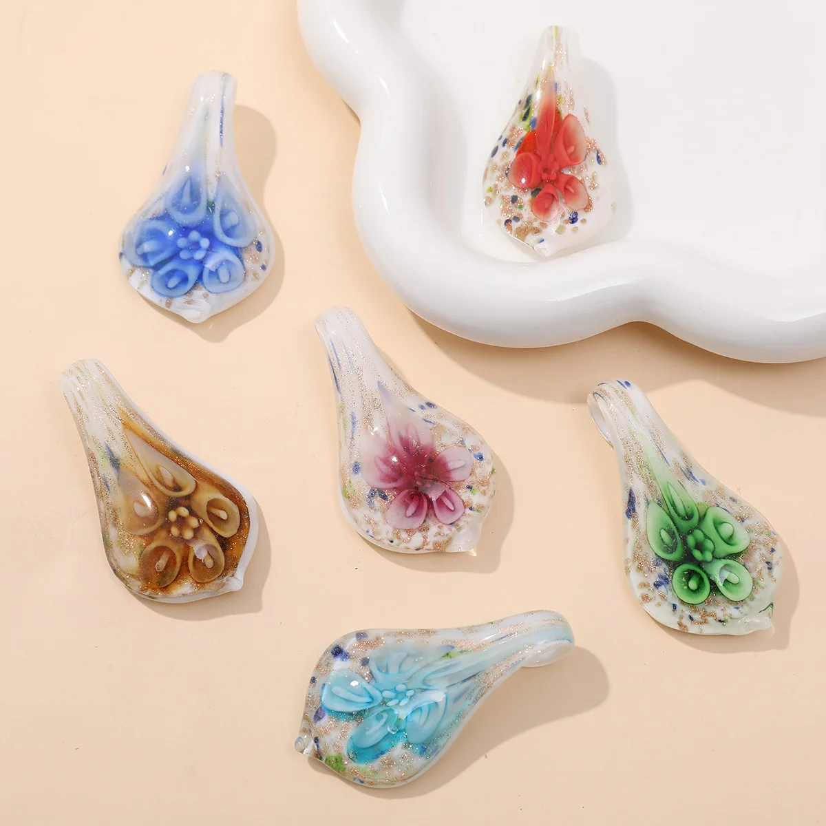 New Jewelry Handmade Murano Lampwork Glass Morning Glory Pendant Fit For Necklace Gifts Clear And Transparent Water Drop Shape