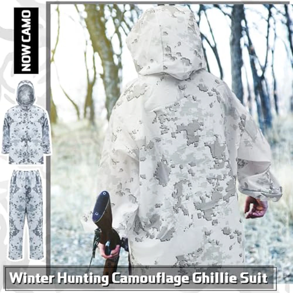 Tactical Winter Camo Suit Unisex Snow Camo Ghillie Suits with Backpack Cover Windbreaker Jacket Pants for CS Sniper Hunting