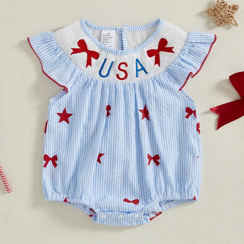 

Baby Girls Independence Day Romper Flying Sleeve O Neck Bow Letter Embroidery Striped Jumpsuit Newborn Baby Summer Clothes
