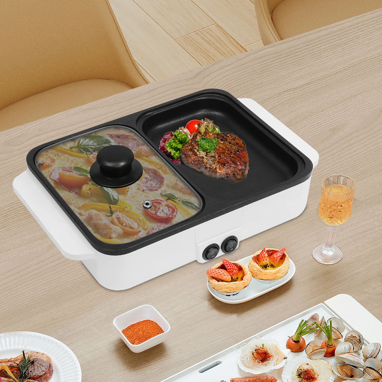 

110V Double 600W 0.66 Gal Capacity Multi-purpose 2-In-1 Electric Hot Pot with Thickened Tempered Glass Cover for Grilling Frying
