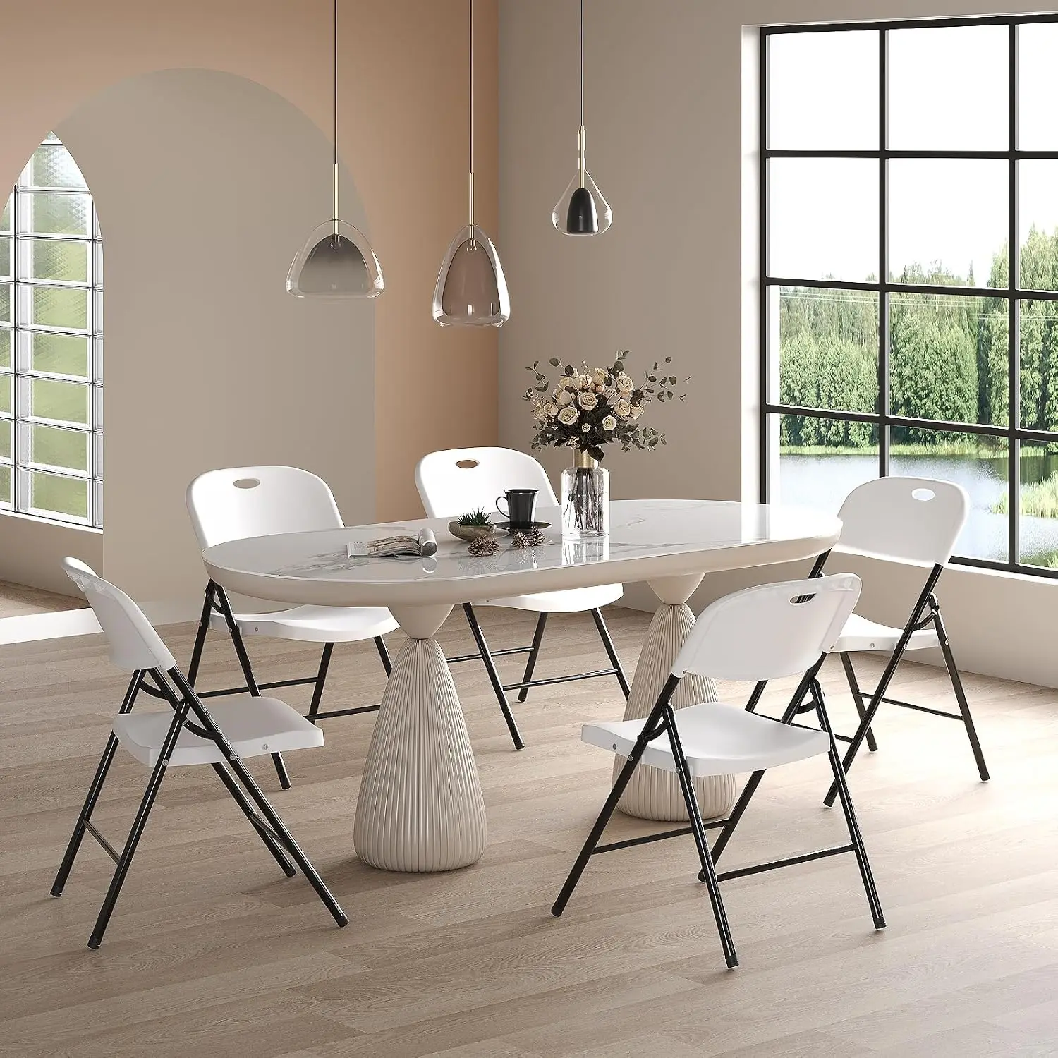 Plastic Folding Chairs Set Of Six, Heavy Duty Commercial Seating With Reinforced Steel Frame For Outdoor Wedding Party Event Garden Patio Dining, Modern Classic Style, White, 6 Pieces